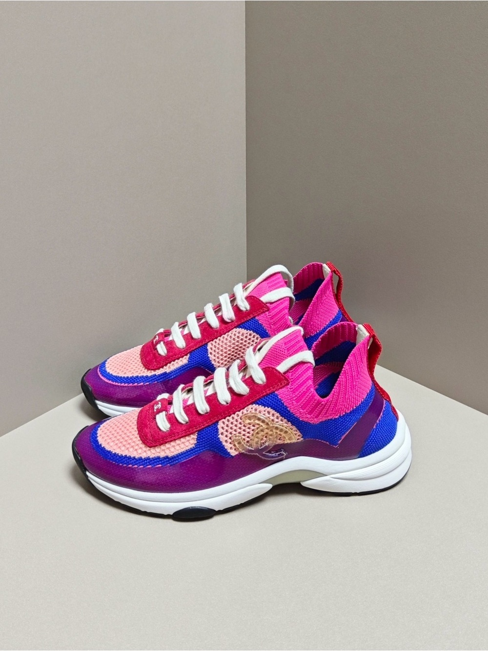 CHANEL Pink, Fuchsia and Purple Knit Lace-Up Sneakers
